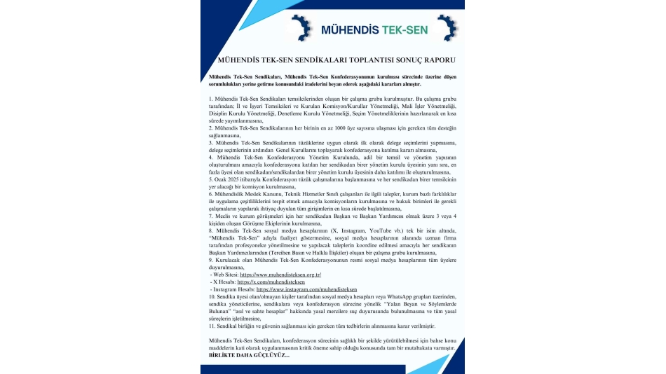 MÜHENDİS TEK-SEN SENDİKALARI TOPLANTISI SONUÇ RAPORU